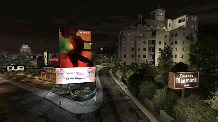Screen capture of video game featuring Ferragamo Parfums advertisement.