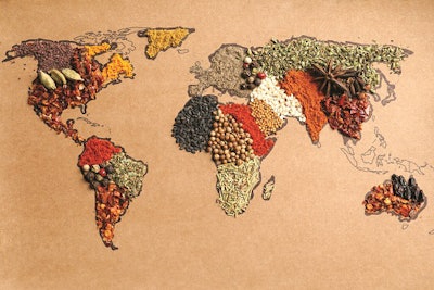Paper with world map made of different aromatic spices as background, top view