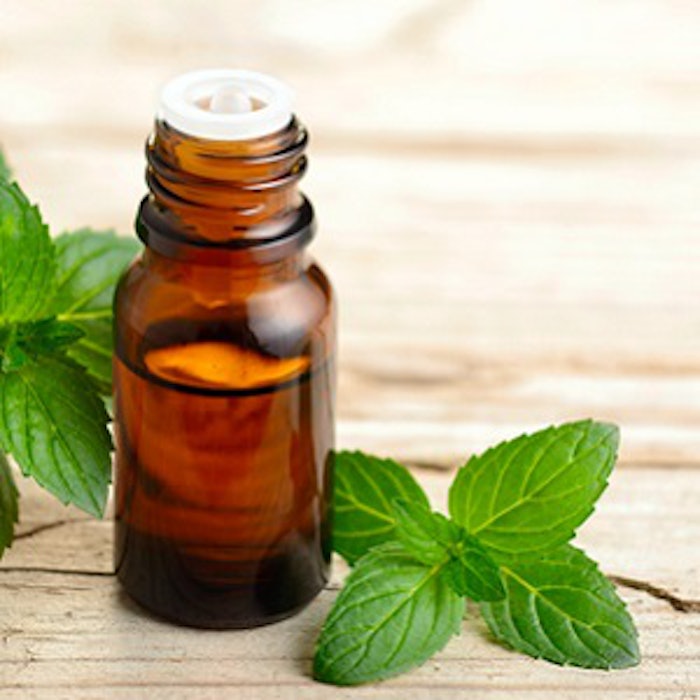 fresh peppermint leaves and essential oil on the table