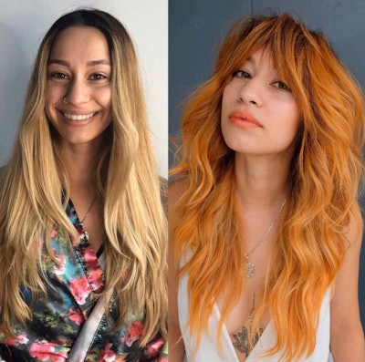 Before and after of a client with copper/orange hair and fringe