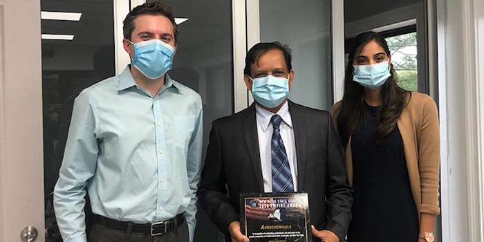Senator Skoufis presenting the Empire Award to Aurochemicals vice president and CEO Deo Persaud and his daughter, vice president and COO Darshini Persaud. Photo: Aurochemicals.