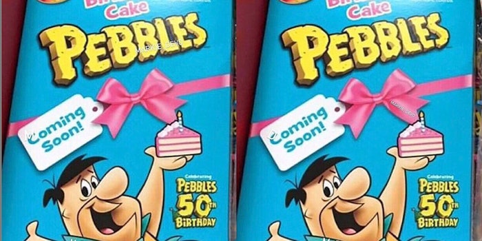 Pebbles' 50th birthday cereal. Instagram: markie_devo.