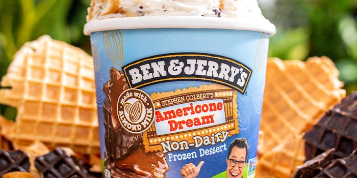 The almond milk ice cream contains fudge waffle cone pieces and caramel. Photo: Ben & Jerry's Facebook.