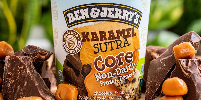 The almond milk ice cream contains fudge chips and a soft caramel swirl in the center. Photo: Ben & Jerry's Facebook.