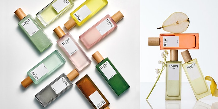 Loewe Perfumes has re-bottled its fragrances with a single rainbow-shaded multisensorial repertoire, grouping them by fragrance families. Photo: Loewe.