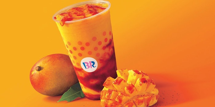 Baskin-Robbins’ celebration of this authentic chilled treat swirls the flavor of mango puree with salty chamoy and a dusting of Tajín.