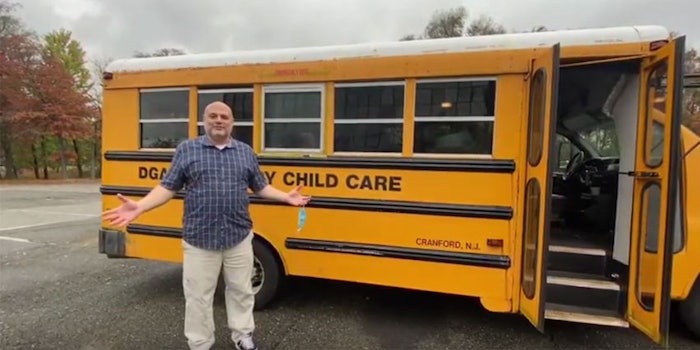 The mobile conference room is constructed from a repurposed bus and allows face-to-face meetings in a COVID-safe environment.