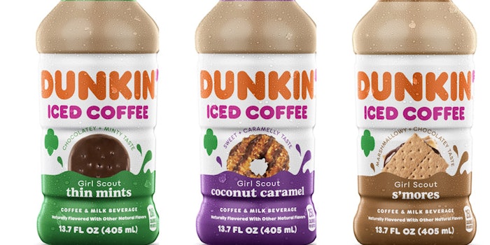 The Dunkin' and Girl Scouts collab includes the flavors Thin Mints, Coconut Caramel and S'mores.