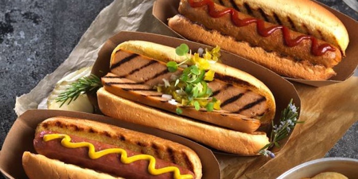 The Sweet Earth Vegan Jumbo Hot Dogs are made using a pea and potato protein base.