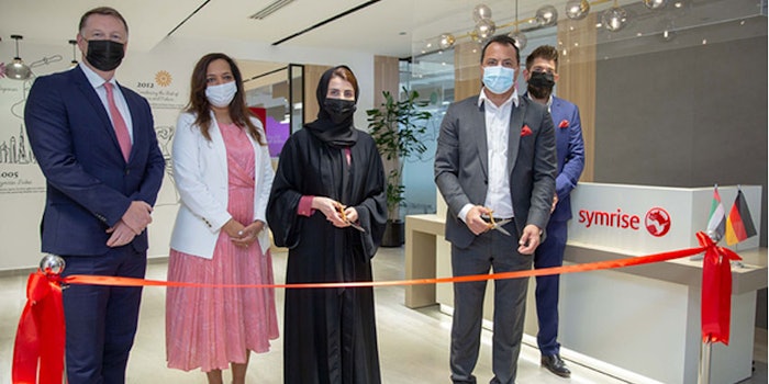 Jens Meier, technical manager, Flavor Division Middle East, Sofiane Berrahmoune, sub regional director Flavor Africa Middle East, Feryal Ahmadi, chief operating officer DMCC, Dhanu Abhyankar, director Sales & Leasing DMCC, Paul Ashton, executive director Property DMCC