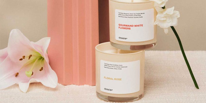 Dossier's candle collection includes five candles inspired by its line of fine fragrances.