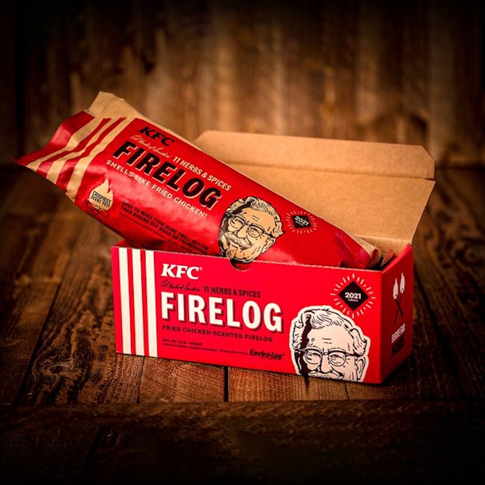 The firelog was created by Enviro-Log to smell like KFC’s fried chicken.