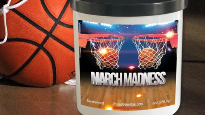 PhyllisK March Madness Candle is sandalwood-scented and made from 100% soy.
