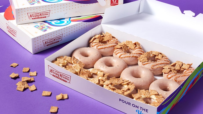 Krispy Kreme's Cinnamon Milk Glaze collection includes three doughnuts made with pieces of Cinnamon Toast Crunch cereal and covered in Cinnamon Milk Glaze.