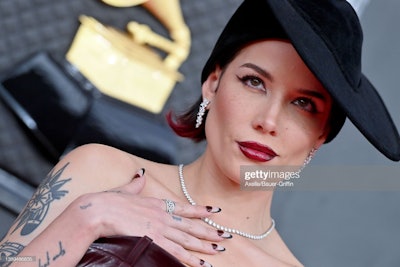 Halsey's red wine half-moon nails by Natalie Minerva, @natalieminervanails