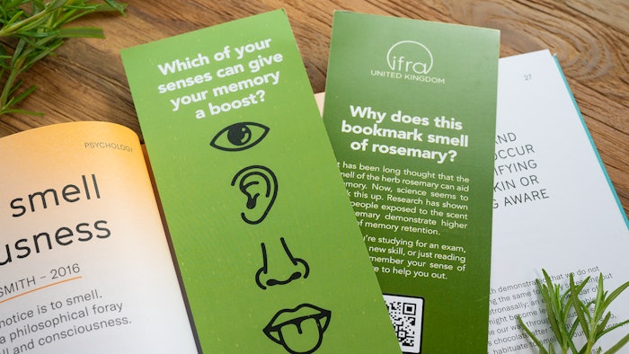 The scented bookmark is meant to act as a memory aid and was created by IFRA U.K. as part of an initiative called Changing Lives Through Fragrance.