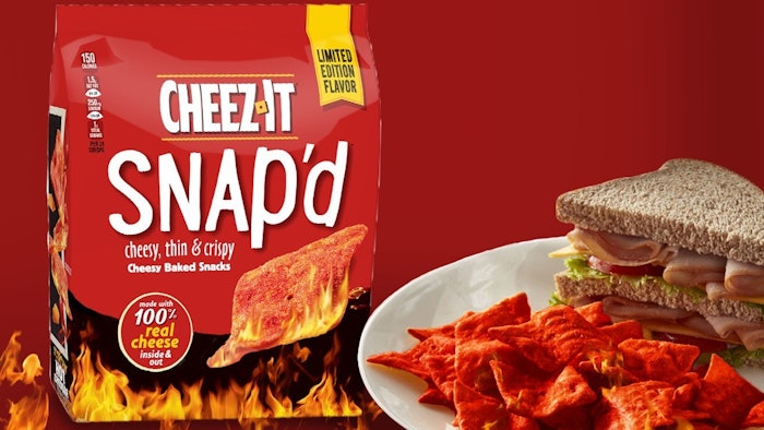 The limited-time Cheez-It Snap'd Scorchin' Hot Cheddar is baked with real cheddar cheese, fiery spices, garlic and umami to provide a spicy cheddar flavor.