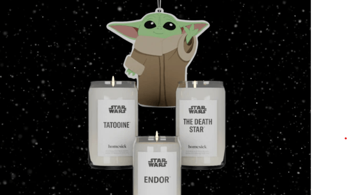 The collaborative collection includes three candles inspired by classic locations from the series and a car fresher shaped like Baby Yoda from The Mandalorian.