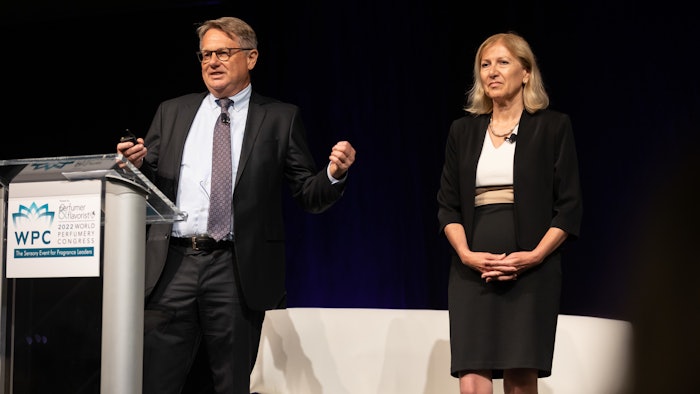 IFRA chairman Hans Holger Gliewe (L) and president Martina Bianchini during their joint WPC 2022 session.