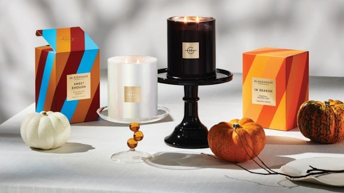 Glasshouse Fragrances' seasonal limited-edition Sugar Coated Harvest Candle collection includes two scents: In Season and Sweet Enough.