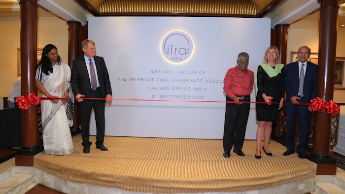 L to R: Bhuvana Nageshwaran, director F&F at Ultra International and chairperson of the IFRA India Taskforce; Hans Holger Gliewe, IFRA chairman; Michael Carlos, IFRA chairman emeritus; Martina Bianchini, IFRA president; Sant Sanganeria, founding chairman and managing director of Ultra International Limited.