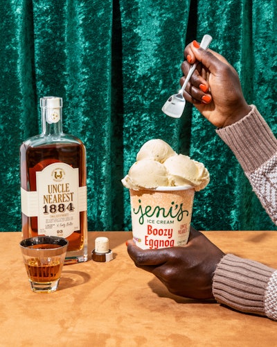 Jeni's Boozy Eggnog is made with grass-grazed milk for a salted egg custard base, and offers the taste of spiked nutmeg and Uncle Nearest Whiskey.