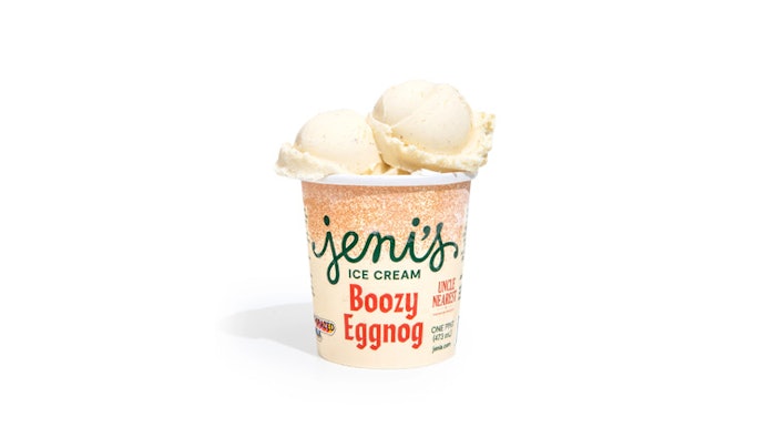 Jeni's Boozy Eggnog is made with grass-grazed milk for a salted egg custard base, and offers the taste of spiked nutmeg and Uncle Nearest Whiskey.