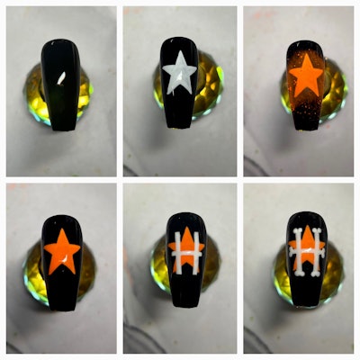 Schobel layers neon pigments over while gel for an added pop against dark base colors