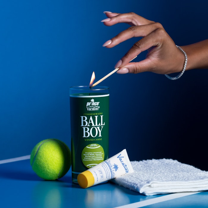 Created by Christine Hassan, the fragrance notes are described as freshly uncanned tennis balls, Vacation sunscreen, Prince cotton sweatbands and cucumber sandwiches.