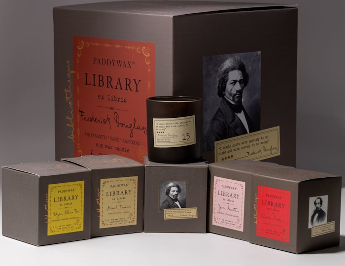 This soy wax candle comes in a glass vessel and include a quote from Frederick Douglass on its label.
