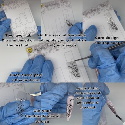 Hanks created nail trace tabs to help nail artists practice more complicated and detailed nail designs.