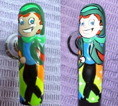 Steps 11 and 14 for Lucky the Leprechaun nail art.