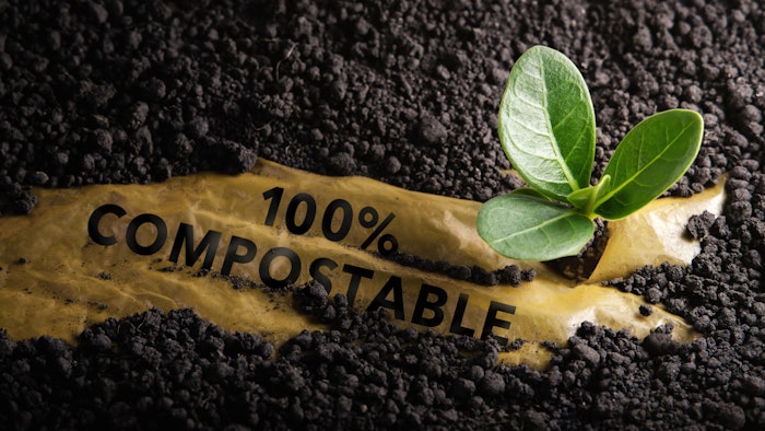 Biodegradable and Compostable Plastic Concept. Renewable Raw Materials. Used plastic is under the Planting Soil and a Seed can Grow Well