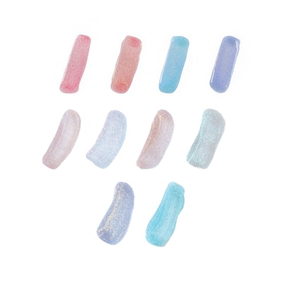 Color swatches of Olive & June's 10 iridescent polishes a part of the Rainbow Goldfish and Electric Eels Collections.