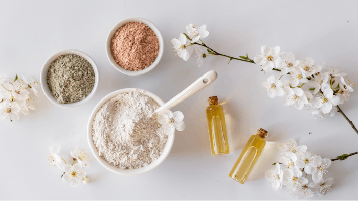 Natural ingredients, mud and clay, for facial and body mask or scrub. Spa and bodycare concept.