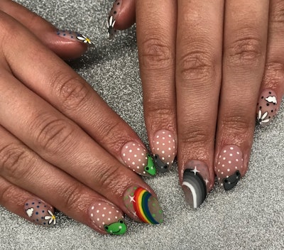 Color and B&W cartoon frog nail art by @jeryls.polished.handcrafted