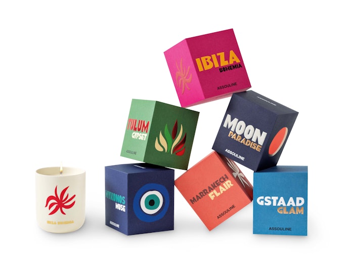 Inspired by the brand’s popular Travel Series collection of six rainbow-hued hardbacks, Assouline created the Travel From Home Candle line of corresponding scented candles that use the same iconic serigraphy of symbols from the books.