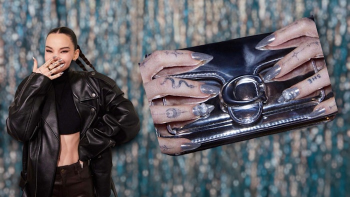 Nail artist Angel My Linh created Dove Cameron's nail look for the Vogue x Coach campaign using products from Glitterbels.