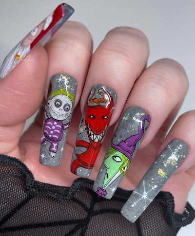 Nail art inspired by Tim Burton's Nightmare Before Christmas created by Aimee White.