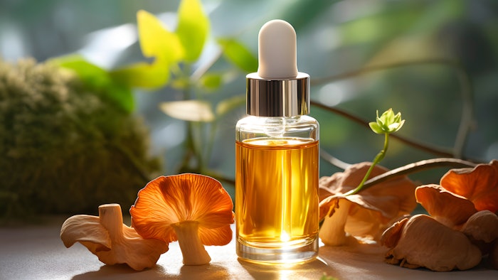 Kojic acid serum bottle among mushrooms. AI generated