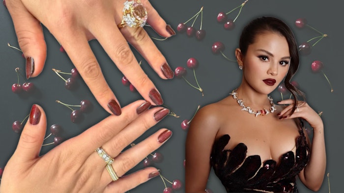 Manicurist Tom Bachik (@tombachik) created Selena Gomez's Black Cherry manicure for the Emmy Awards.