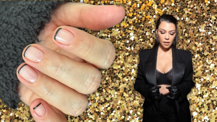 Celebrity nail artist Kim Truong (@kimkimnails) created Kourtney Kardashian's Black Micro French Tips for the Emmys using products from The GelBottle.