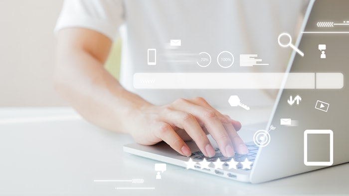 close up woman hand type on keyboard laptop to use search engine optimization (SEO) tools for finding customer or promote and advertise about content online for marketing technology and business concept