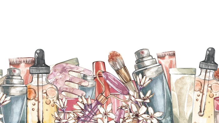 Seamless border face massager gua sha, oil, cream skincare, brush isolated on white. Watercolor hand drawn illustration