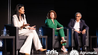 L to R: Farah K. Ahmed, president and CEO of the Fragrance Creators Association, Cynthia Reichard, Executive Vice President at Arylessence Inc. and Sumit Bhasin, SVP Global Fragrance Innovation, Product Development & R&D at Estee Lauder Companies connect for the 'Driving the Future of Fragrance Stewardship' discussion.
