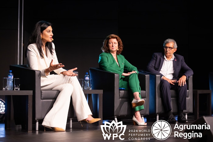 L to R: Farah K. Ahmed, president and CEO of the Fragrance Creators Association, Cynthia Reichard, Executive Vice President at Arylessence Inc. and Sumit Bhasin, SVP Global Fragrance Innovation, Product Development & R&D at Estee Lauder Companies connect for the 'Driving the Future of Fragrance Stewardship' discussion.