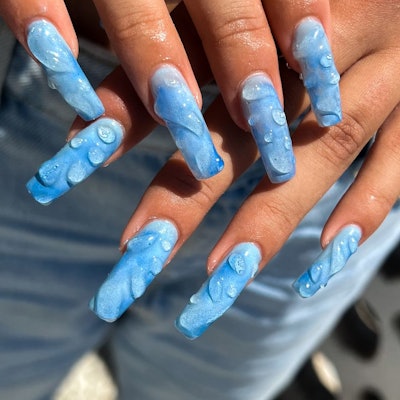 3D water nail art on long, square nails