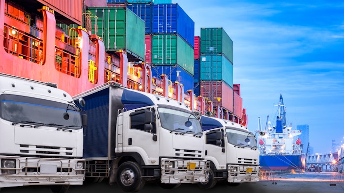 Container on the ship at port in the morning, Schedule ship into stock