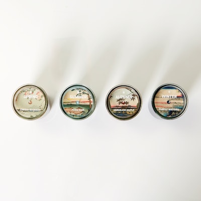 Joya x Brooklyn Museum’s multisensory partnership is designed “to evoke the seasons, settings, and spirit of Utagawa Hiroshige’s 100 Famous Views of Edo in vivid, meticulous detail.” Candles shown: Cherry Blossom (Spring), Plum Rain (Summer), Vermilion Maple (Autumn), and Purple Wisteria (Winter).