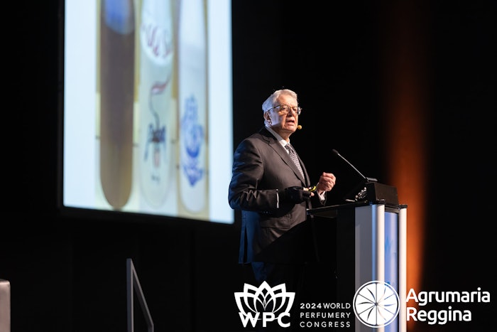 Michael Edwards presenting 'The Making of American Legends,' during day one of World Perfumery Congress 2024.